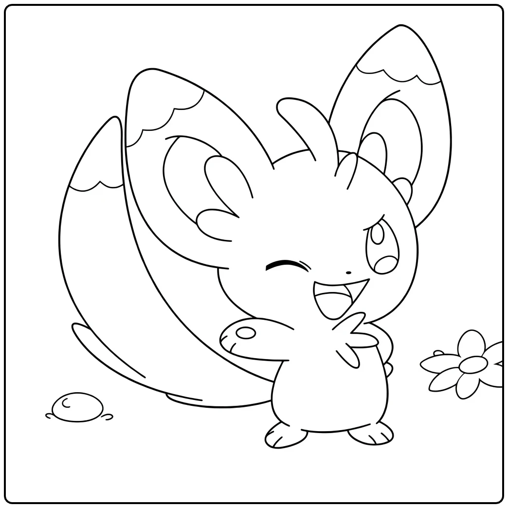 Minccino kleurplaat: knipogende schattige Pokémon met bloem