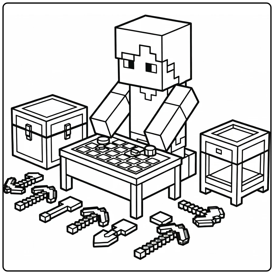 minecraft alex kleurplaat met werkbank kist oven tools