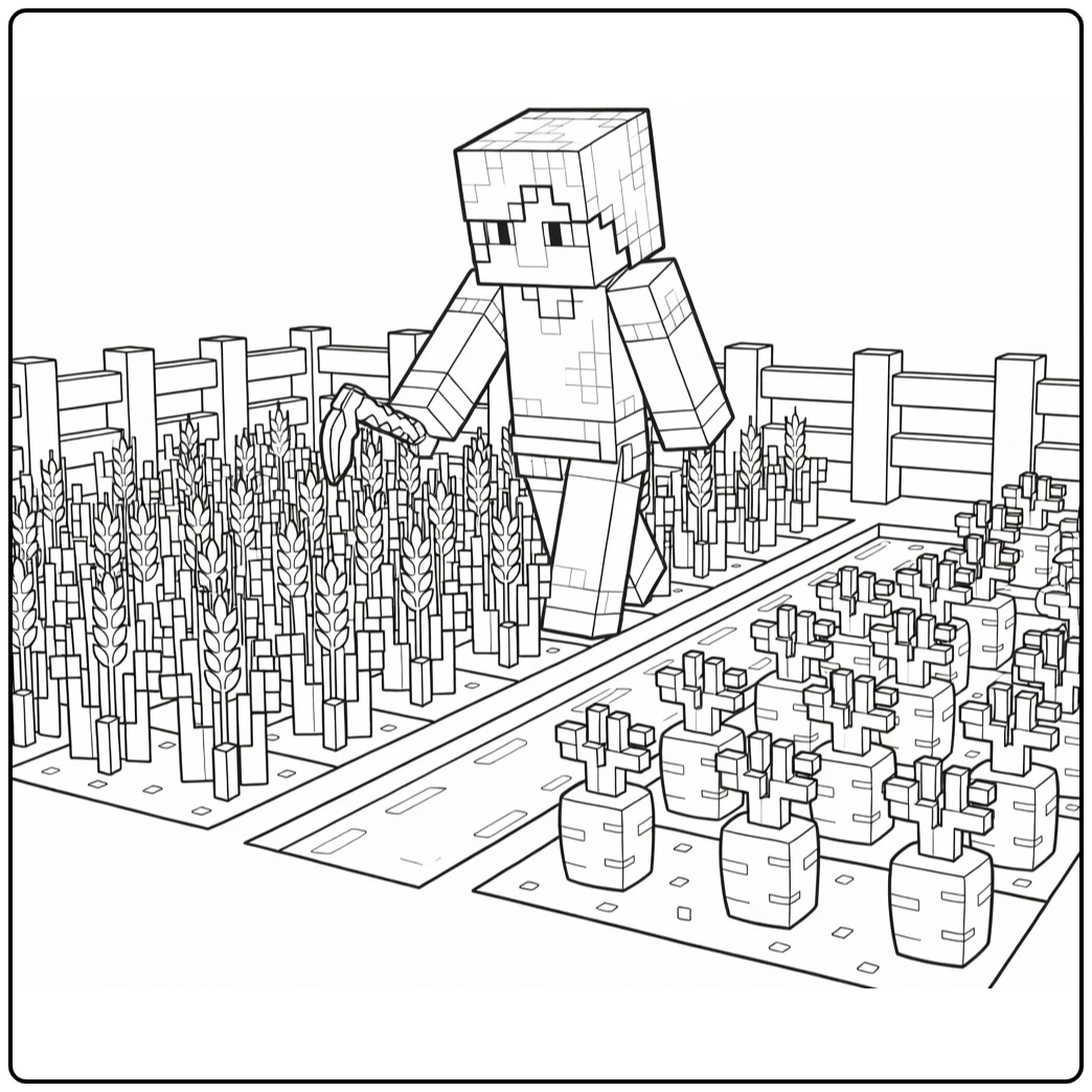 minecraft alex kleurplaat: Alex farmt tarwe, wortels en hek