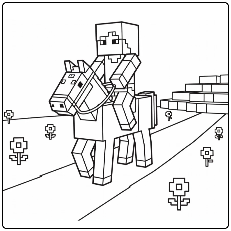 minecraft alex kleurplaat: Alex op blokpaard, pad en bloemen