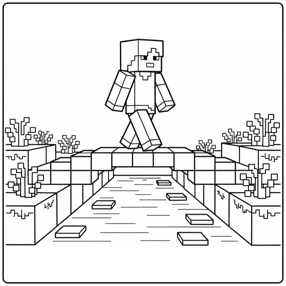 Minecraft Alex kleurplaat: Alex op blokbrug over rivier met stenen