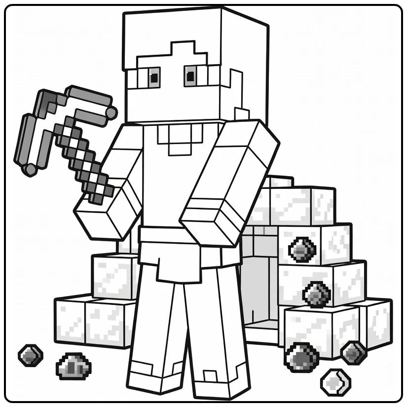 Minecraft Alex kleurplaat met diamanthouweel bij grot
