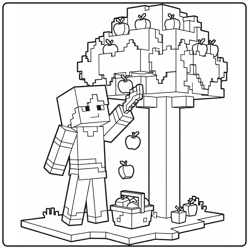 Minecraft Alex kleurplaat: appels plukken van blocky eik