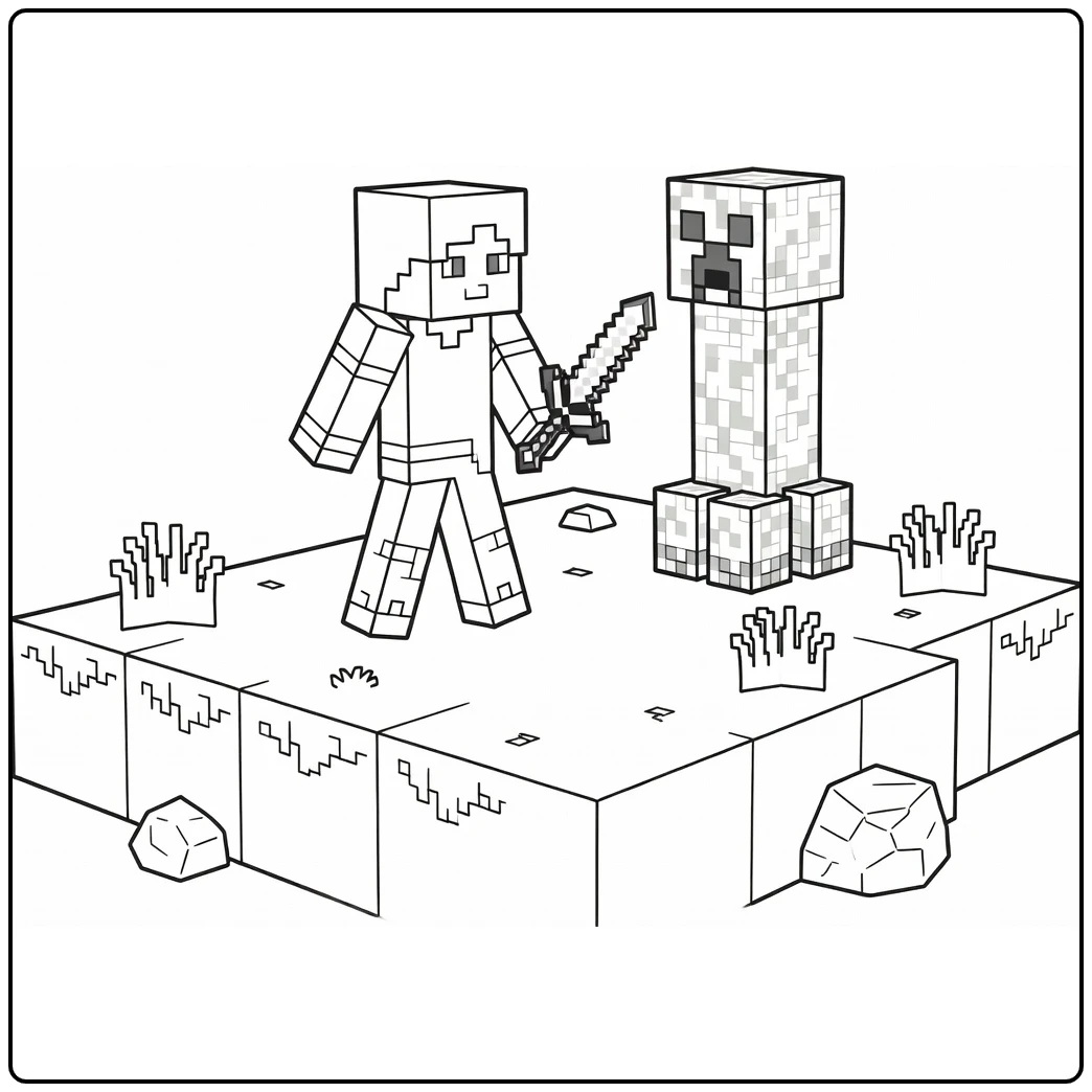 minecraft alex kleurplaat Alex met zwaard vs Creeper