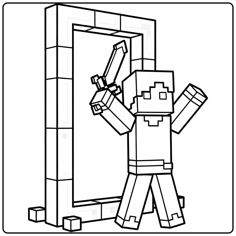minecraft alex kleurplaat: Alex bij Netherportaal met zwaard