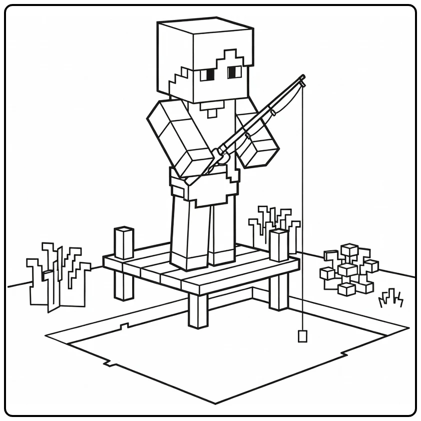 minecraft alex kleurplaat: alex vist bij vijver met steiger