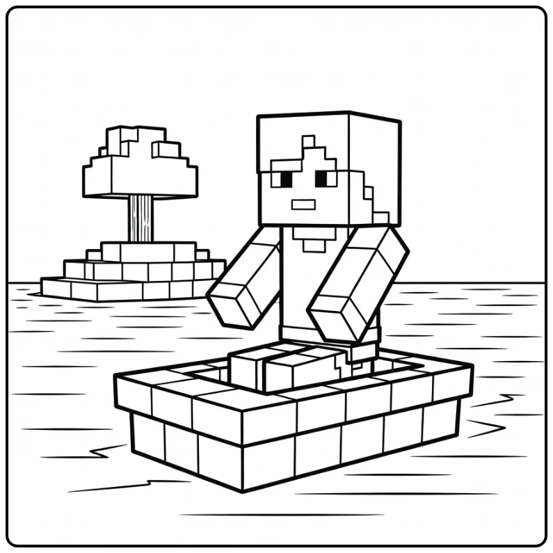 Minecraft Alex kleurplaat: Alex vaart boot met eiland boom