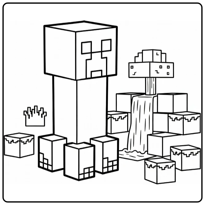 minecraft creeper kleurplaat met waterval en boom