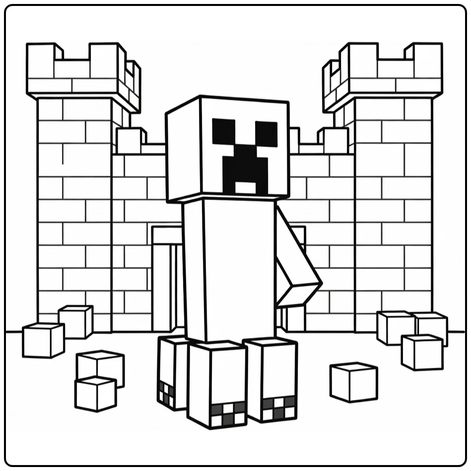 Minecraft Creeper kleurplaat: trots voor kasteelmuur