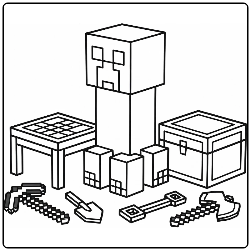 Minecraft Creeper kleurplaat met werkbank en kist