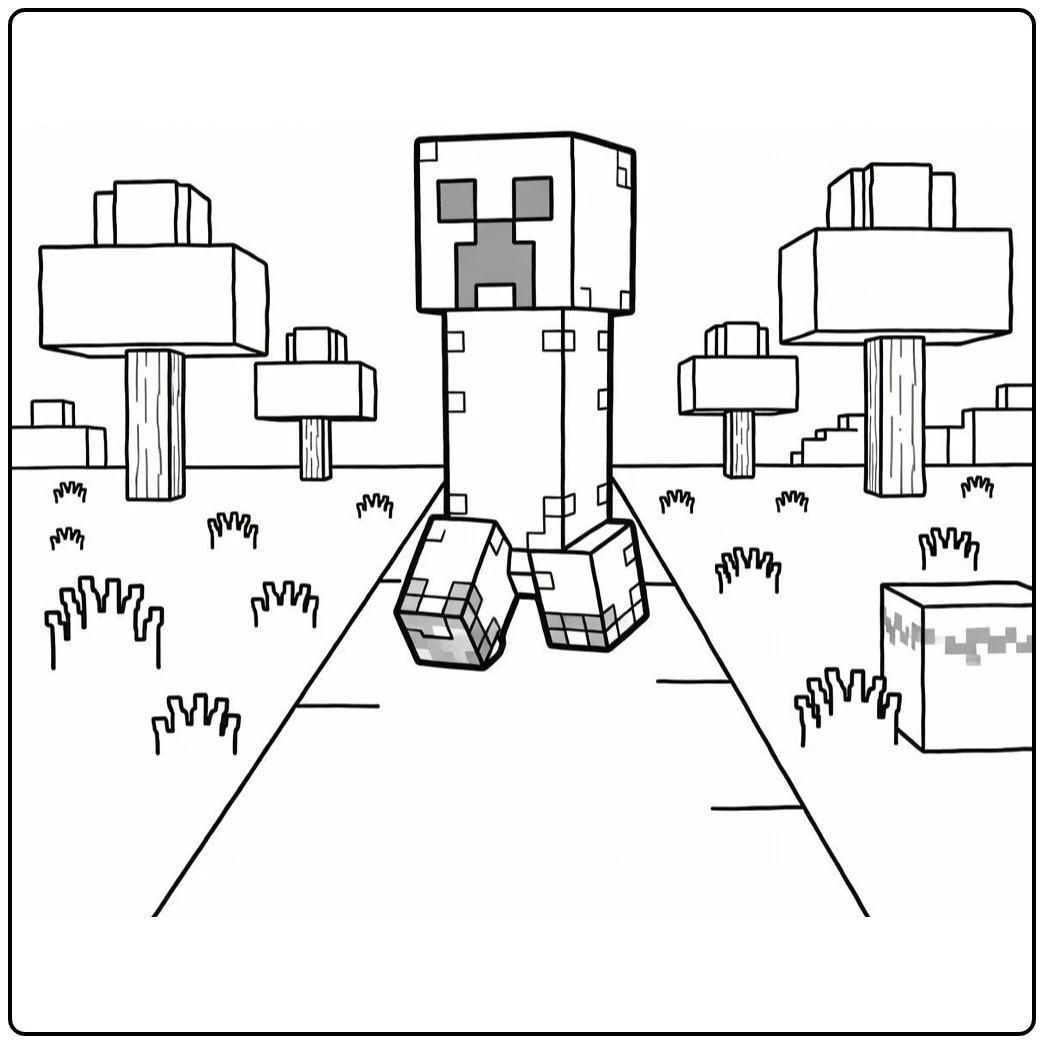 minecraft creeper kleurplaat: creeper op blocky bospad met kubusbomen
