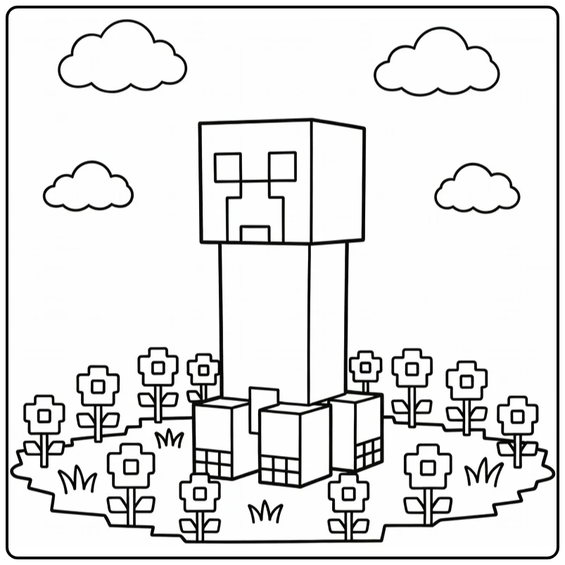 minecraft creeper kleurplaat in blokkerig bloemenveld