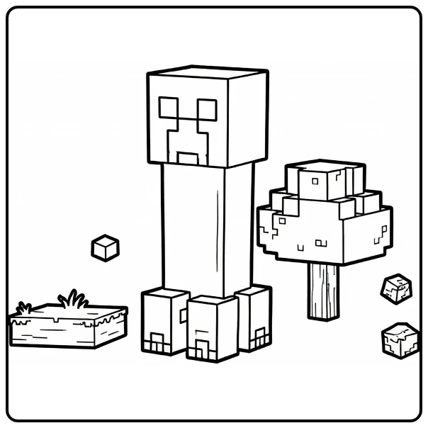 Minecraft Creeper kleurplaat met boom en gras