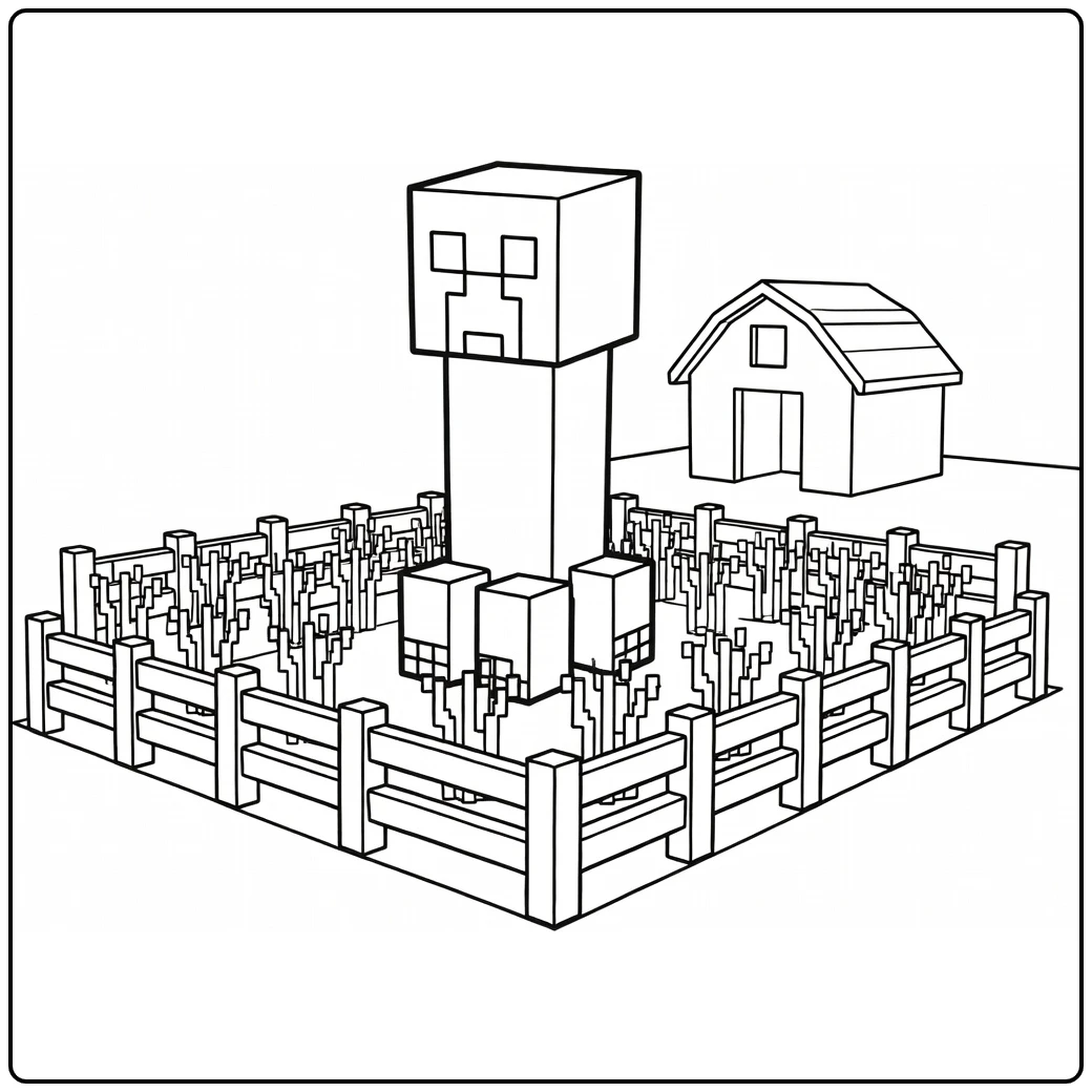 minecraft creeper kleurplaat bij blokkerige boerderij met tarwe
