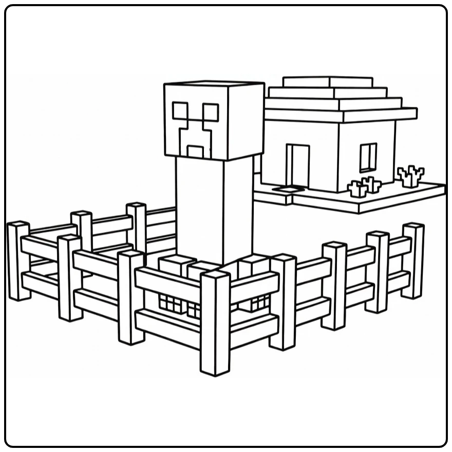 minecraft creeper kleurplaat bij dorpshek en huis