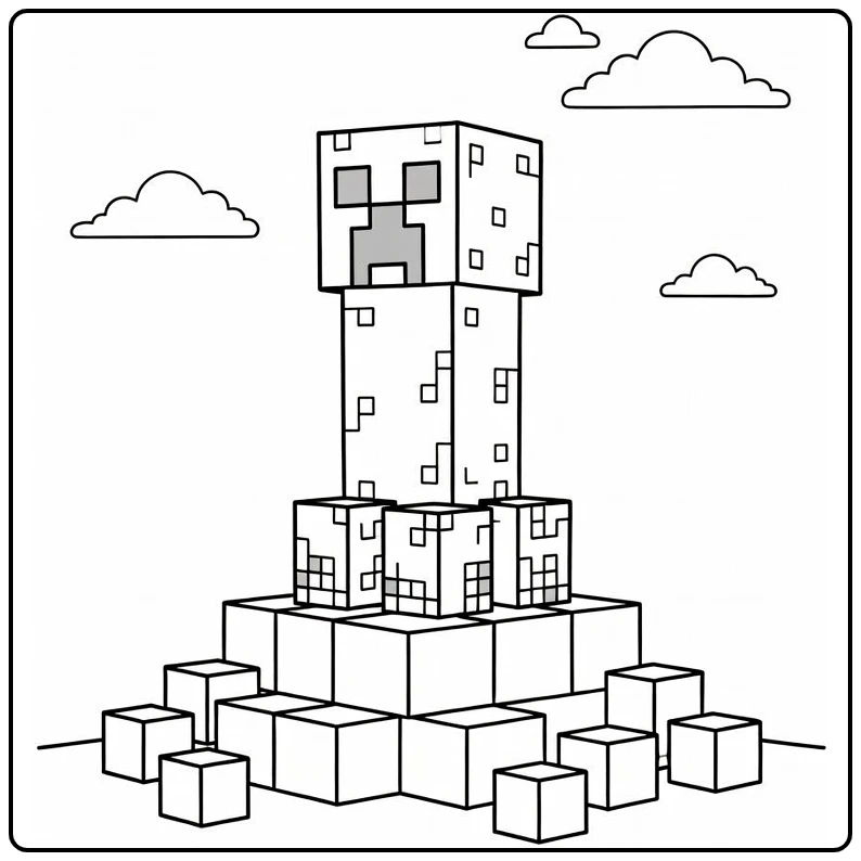 minecraft creeper kleurplaat op bergplatform met wolken en rotsen