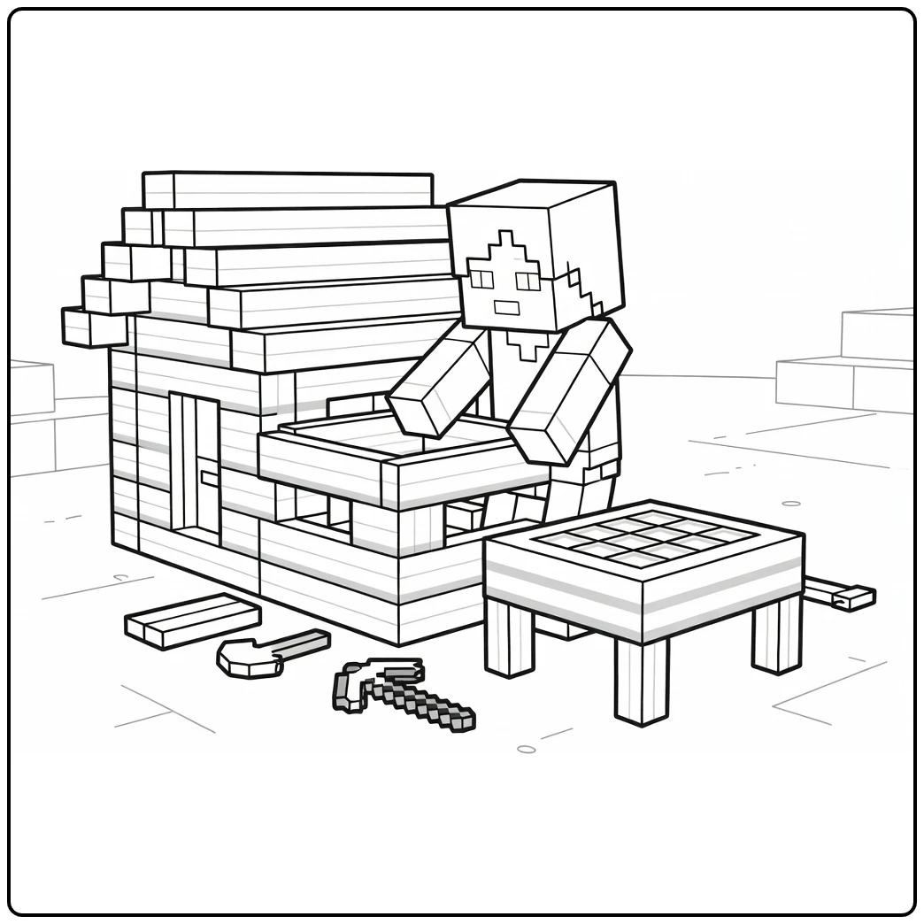 Minecraft kleurplaat: Alex bouwt houten huis met planken