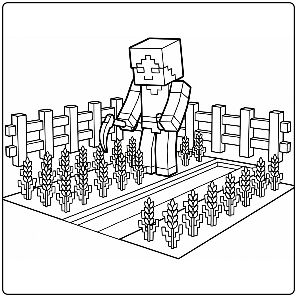Minecraft kleurplaat Alex schoffelt tarwe op blokfarm