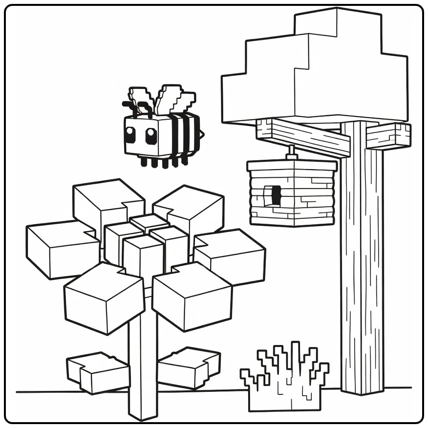 Minecraft kleurplaat bij vliegend boven blokbloem