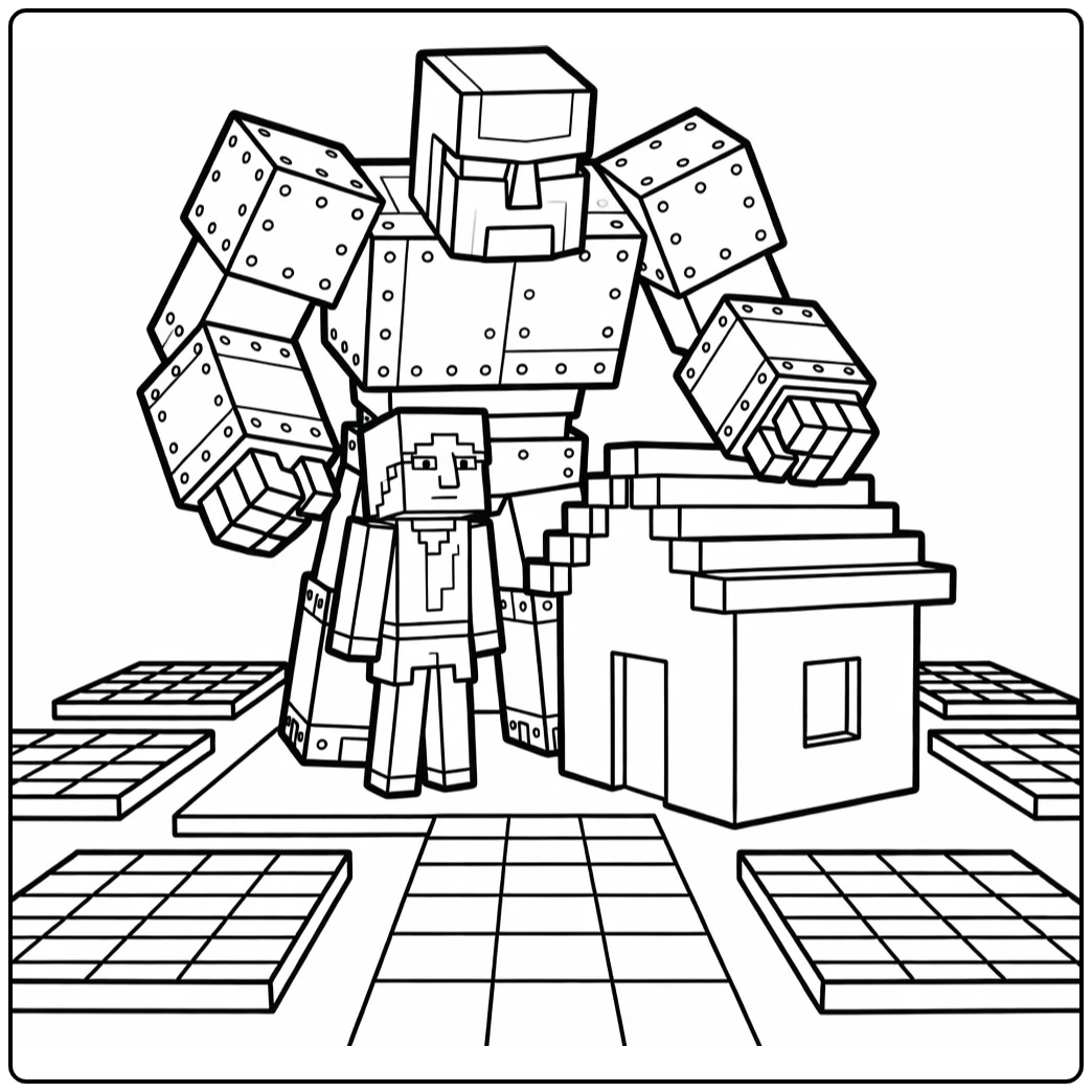 Minecraft kleurplaat IJzeren Golem beschermt Dorpsbewoner