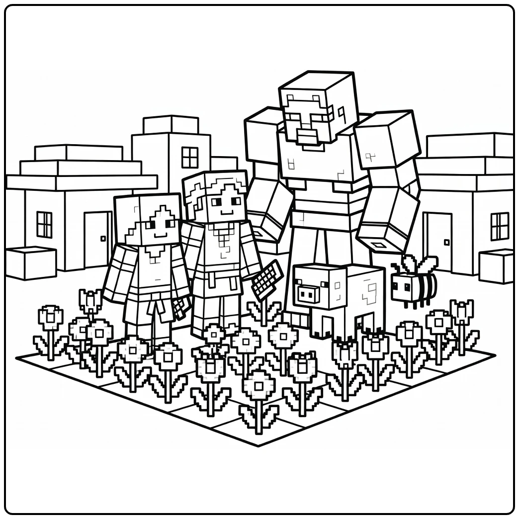Minecraft kleurplaat Alex, villager, Iron Golem, varken, bij in dorpstuin
