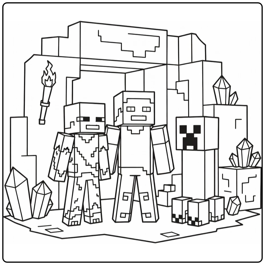 minecraft kleurplaat Steve, skelet, zombie, creeper in grot