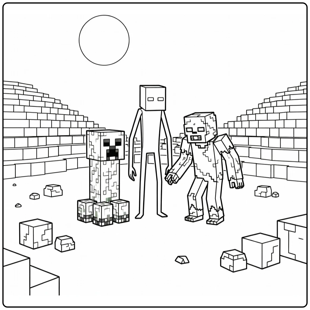 Minecraft kleurplaat Creeper Enderman Zombie Skelet nacht