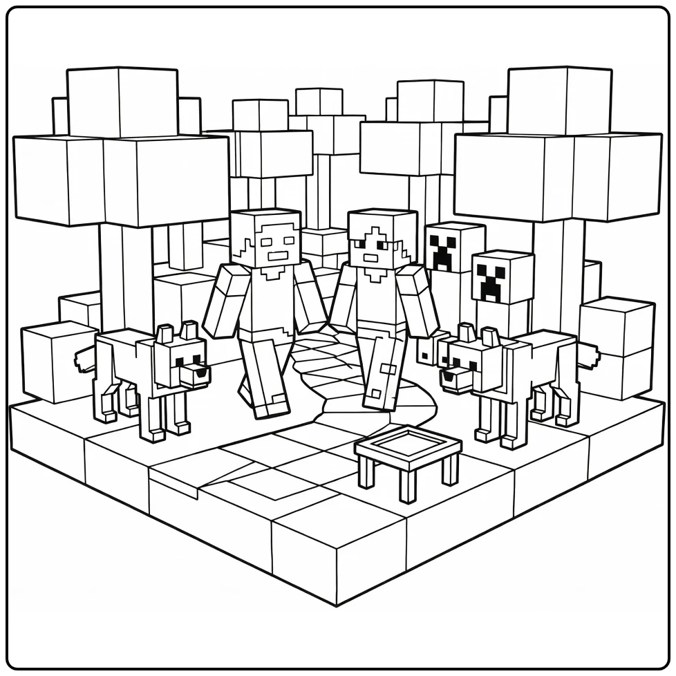 minecraft kleurplaat Steve Alex Creeper Wolf bos pad