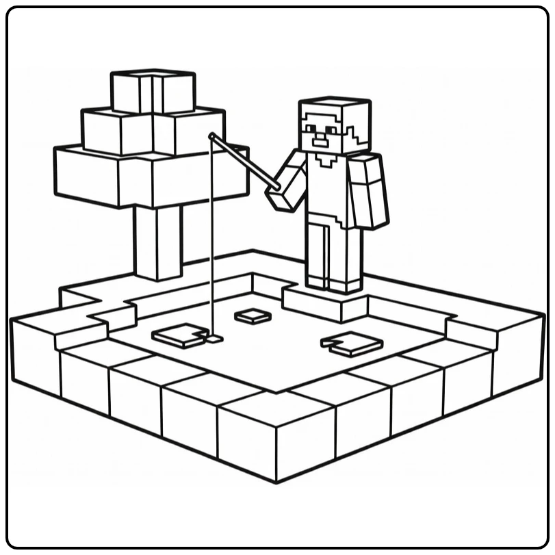 Minecraft kleurplaat Steve vist bij vijver met leliebladeren boom