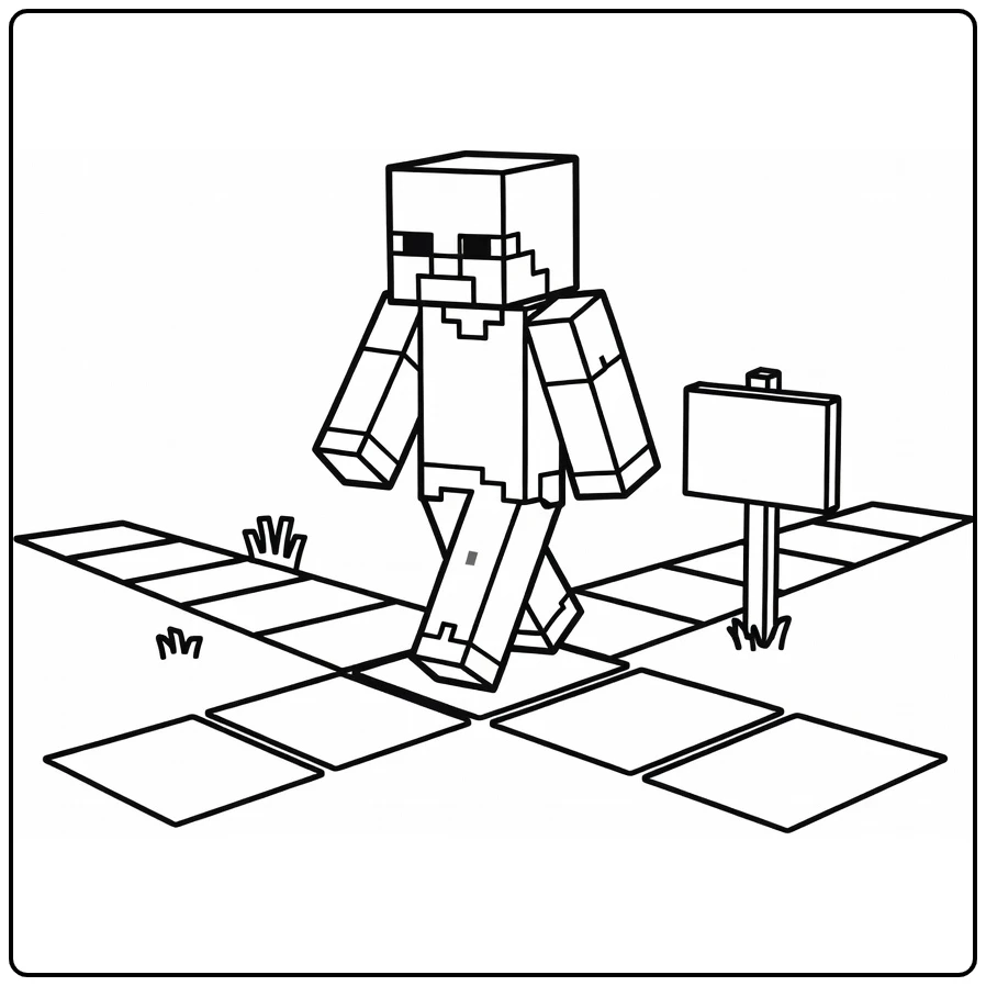 Minecraft kleurplaat: zombie op pad met grasblokken en stenen
