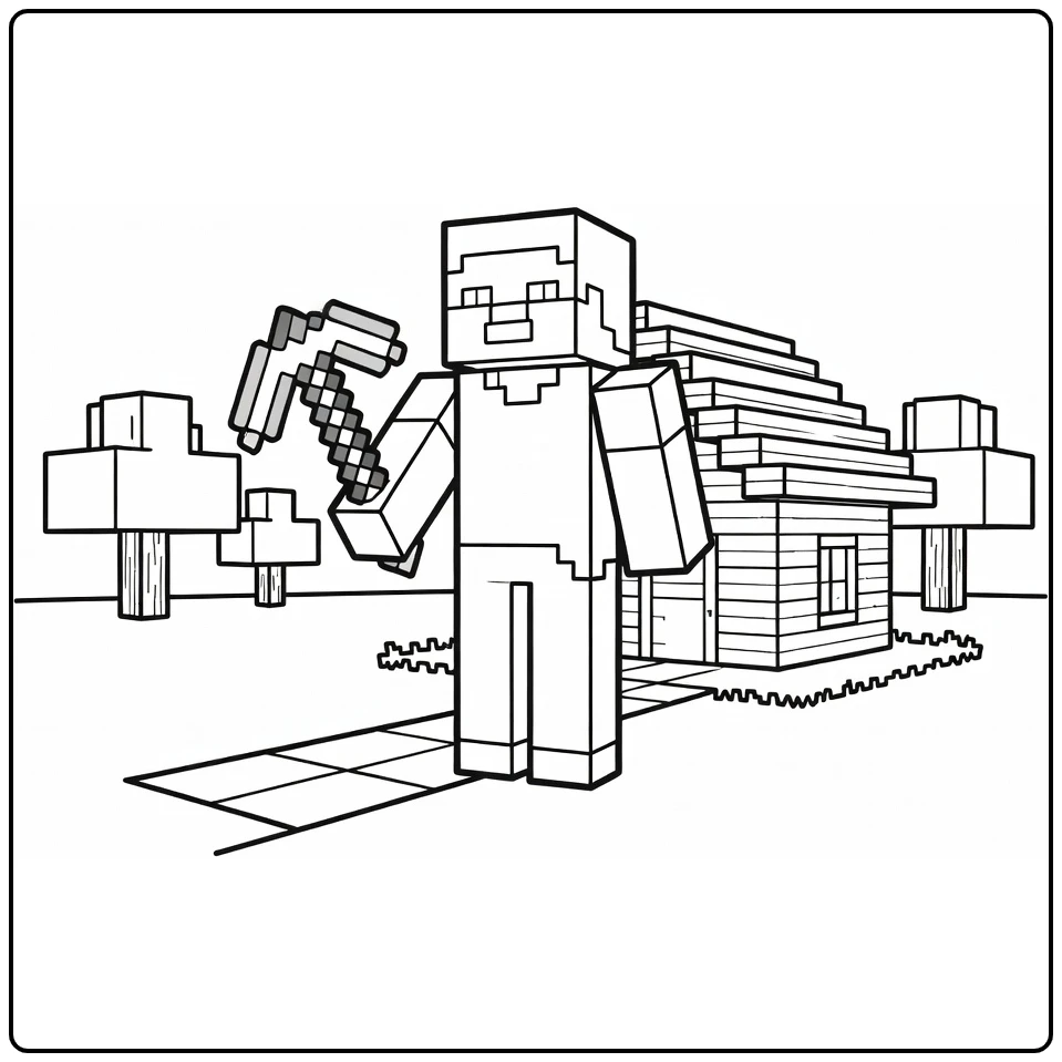 minecraft steve kleurplaat: Steve met pikhouweel bij huis