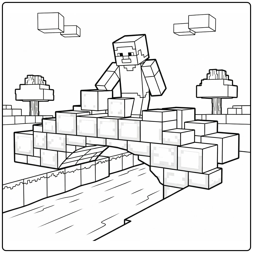minecraft steve kleurplaat: Steve bouwt stenen brug over rivier