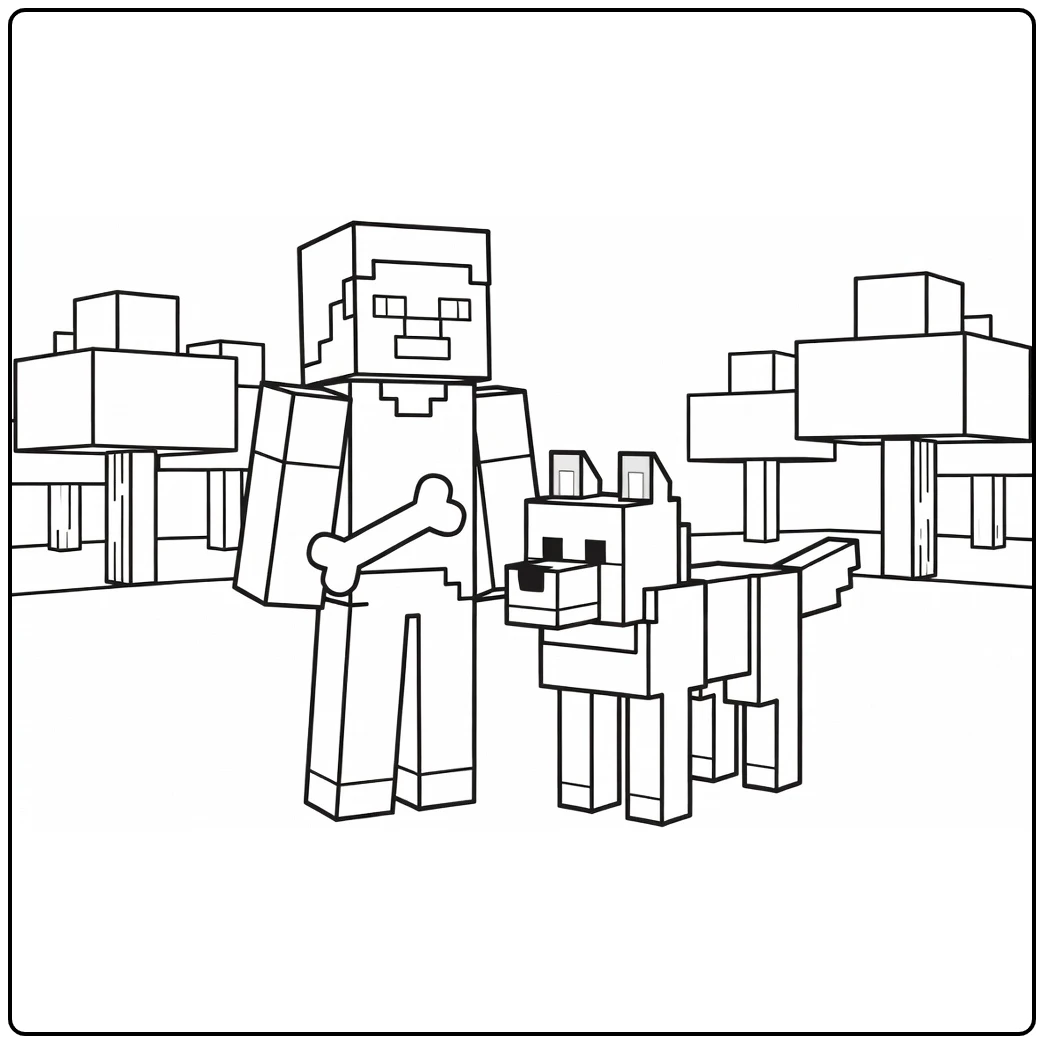 Minecraft Steve kleurplaat: met wolf, bot en bosrand