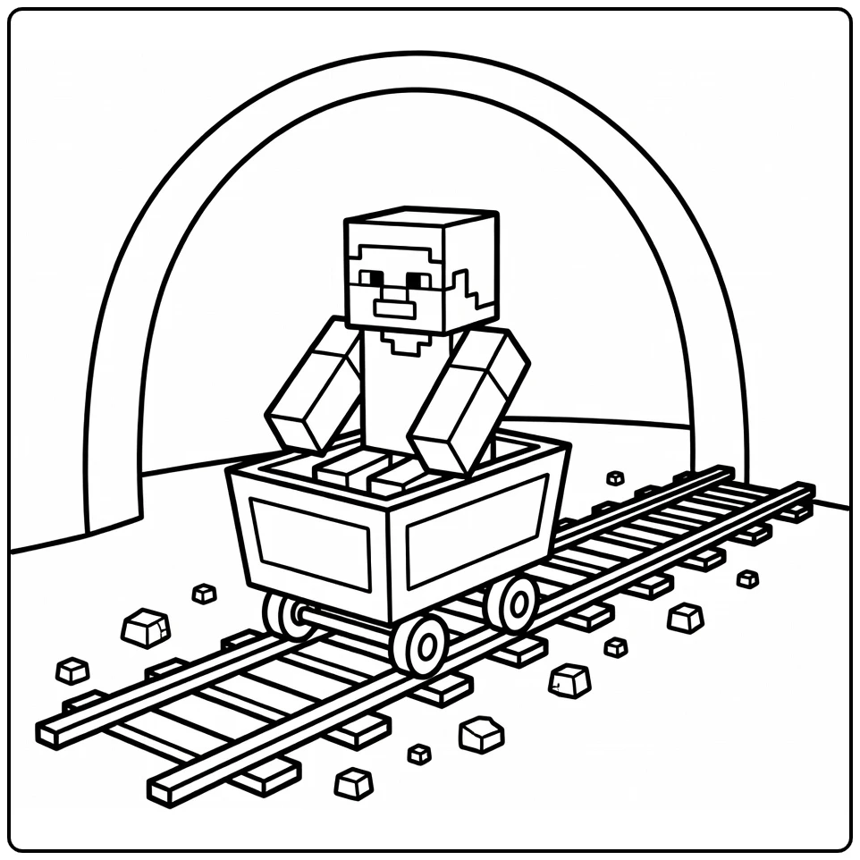 minecraft steve kleurplaat: Steve in mijnkar op rails met grot