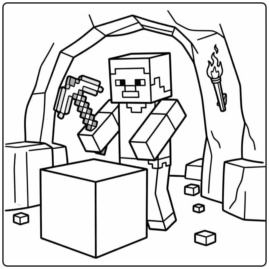 minecraft steve kleurplaat: steve hakt steenblok in grot