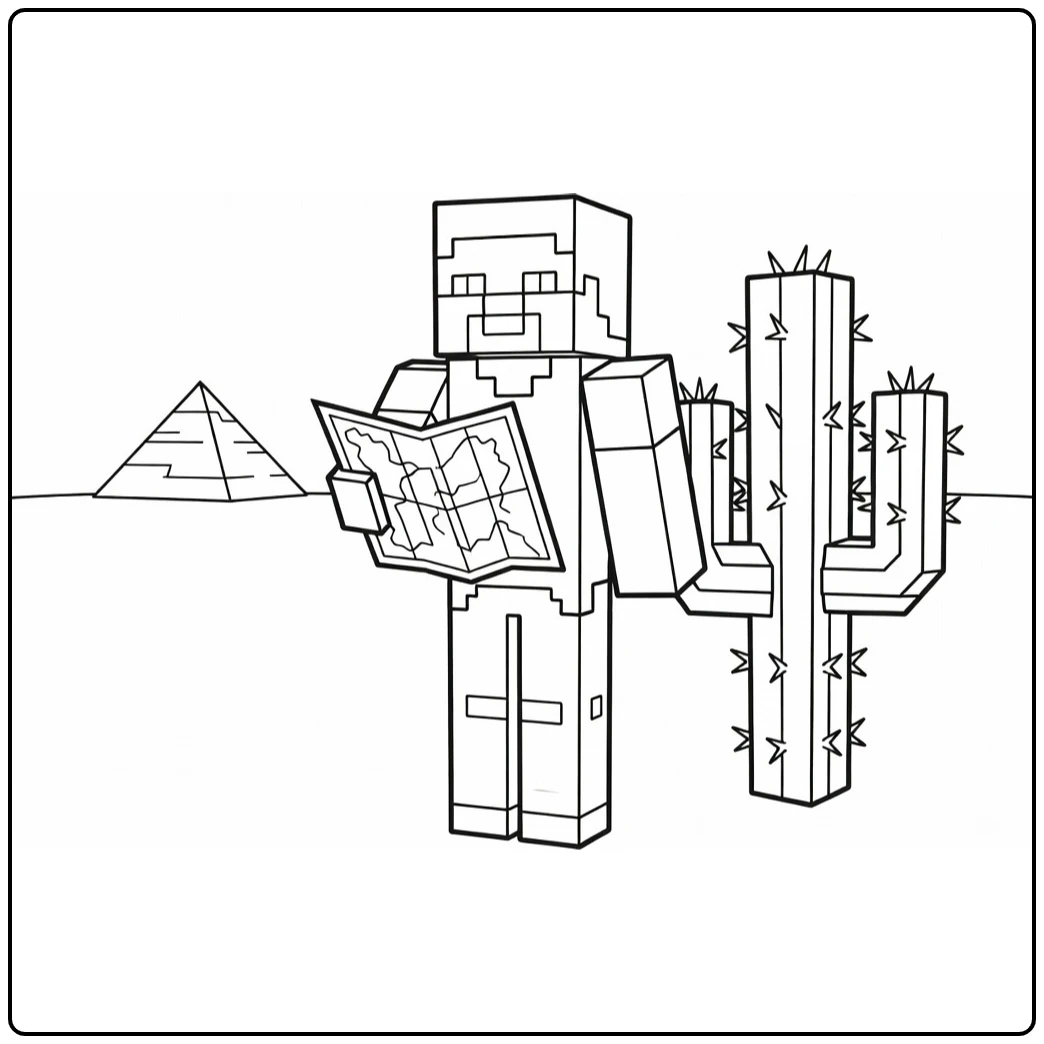 Minecraft Steve kleurplaat in woestijn met cactus en piramide