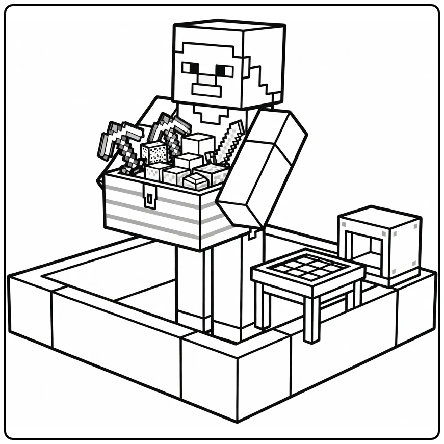 minecraft steve kleurplaat steve draagt kist vol blokken bij basis