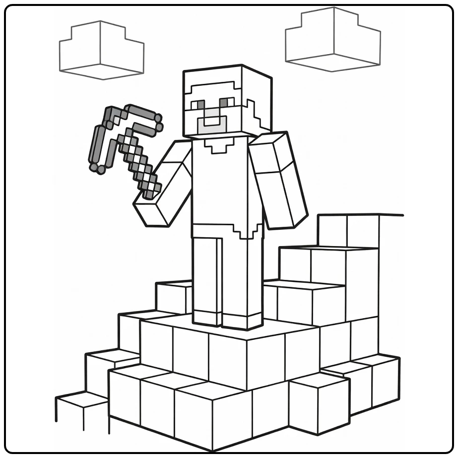 minecraft steve kleurplaat: Steve met diamantgereedschap op bergrichel