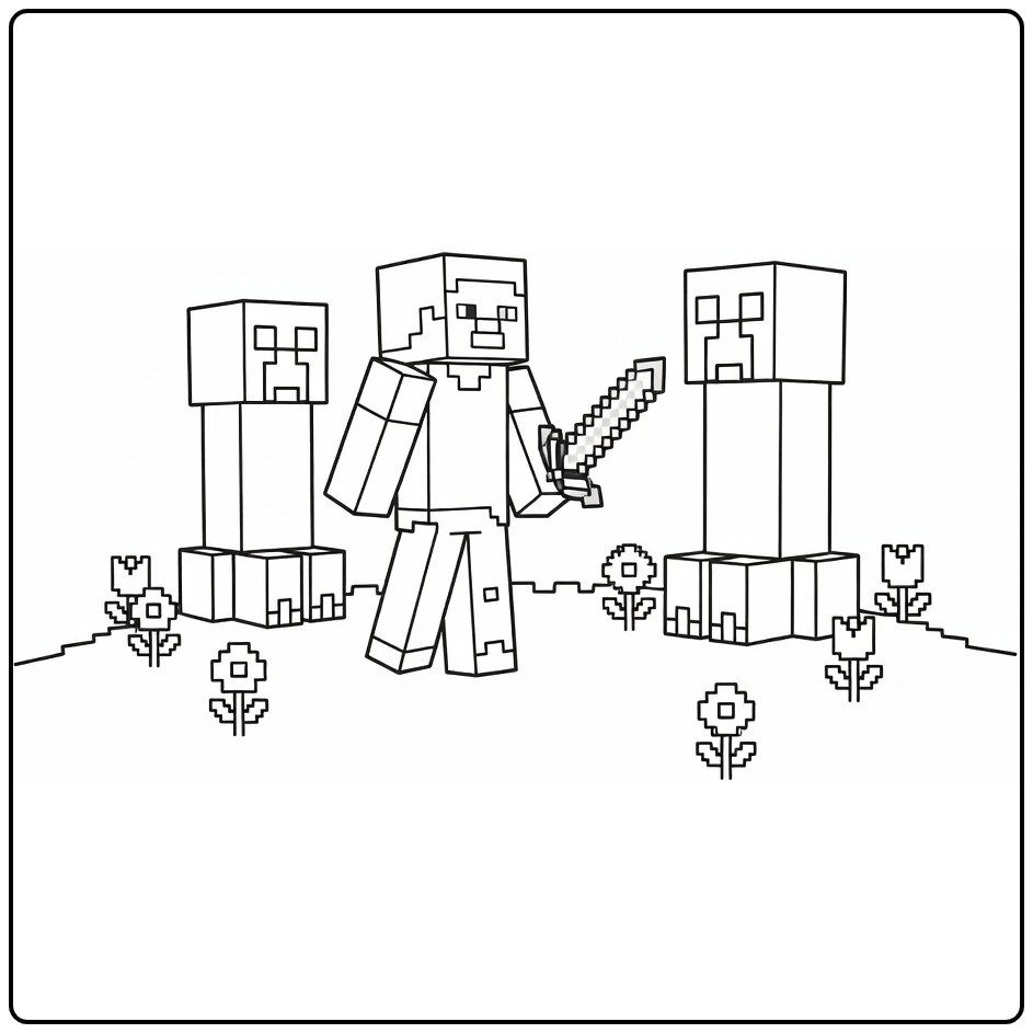 minecraft steve kleurplaat met zwaard en creeper