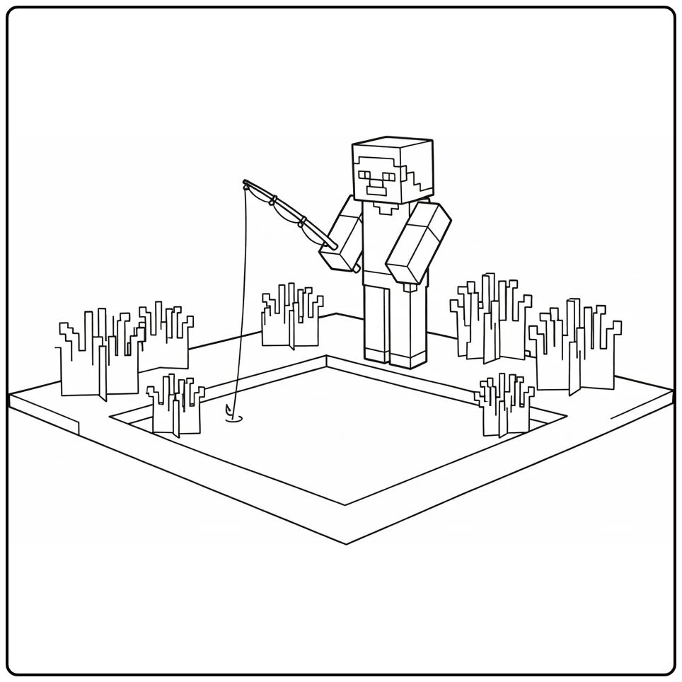 Minecraft Steve kleurplaat: vist bij vijver met riet