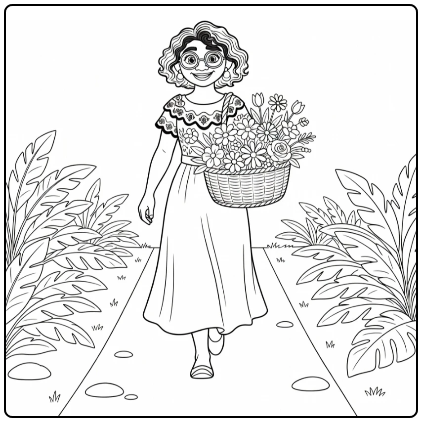 Mirabel Madrigal Kleurplaat: met bloemenmand op tuinpad