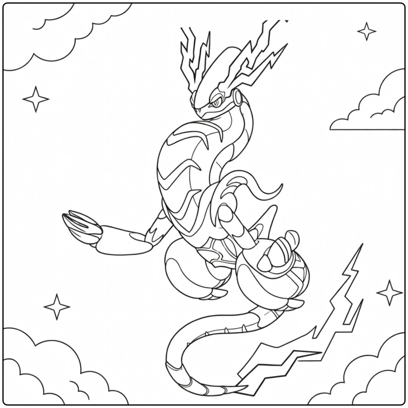 Miraidon Kleurplaat: vliegende Pokémon met bliksemwolken