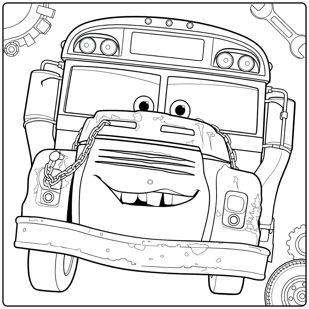 Miss Fritter Kleurplaat: roestige schoolbus Cars 3