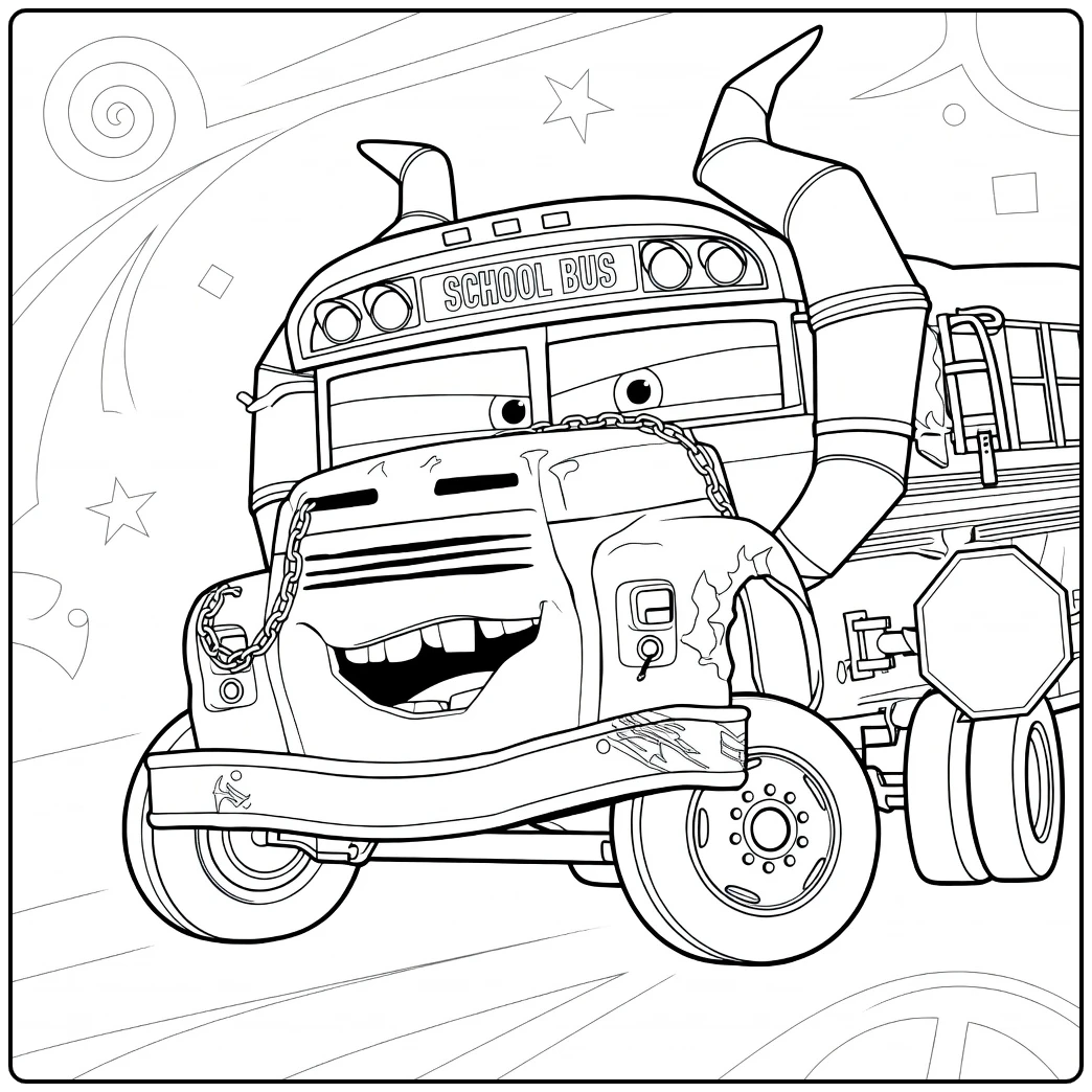 Miss Fritter Kleurplaat: stoere schoolbus Cars 3
