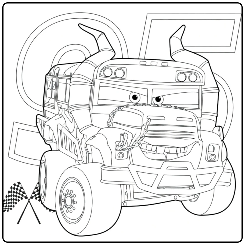 Miss Fritter Kleurplaat: stoere monstertruck schoolbus Cars 3