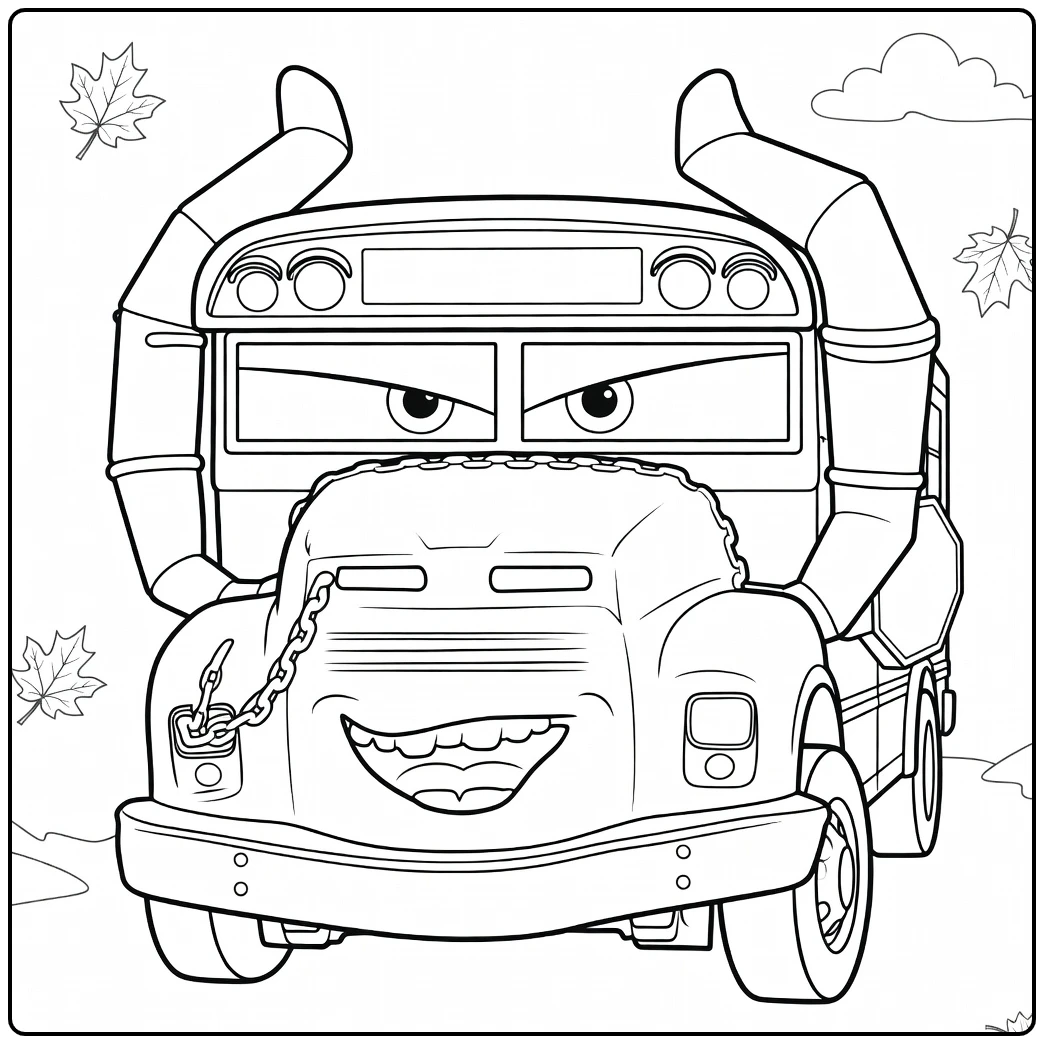Miss Fritter Kleurplaat schoolbus Cars 3 met uitlaten