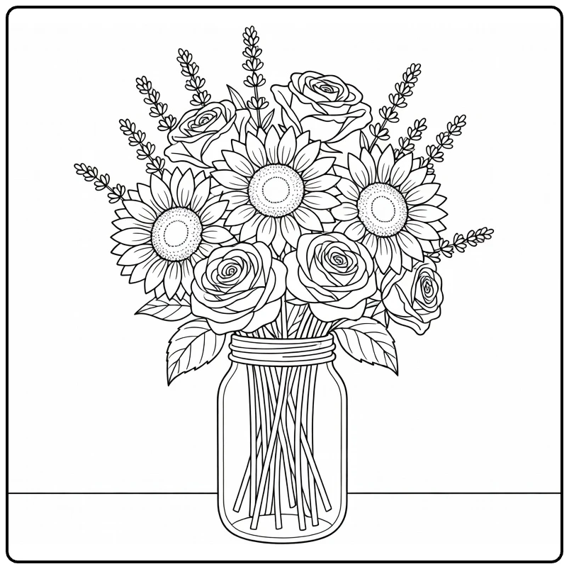 moederdag bloemen kleurplaat met zonnebloemen rozen lavendel