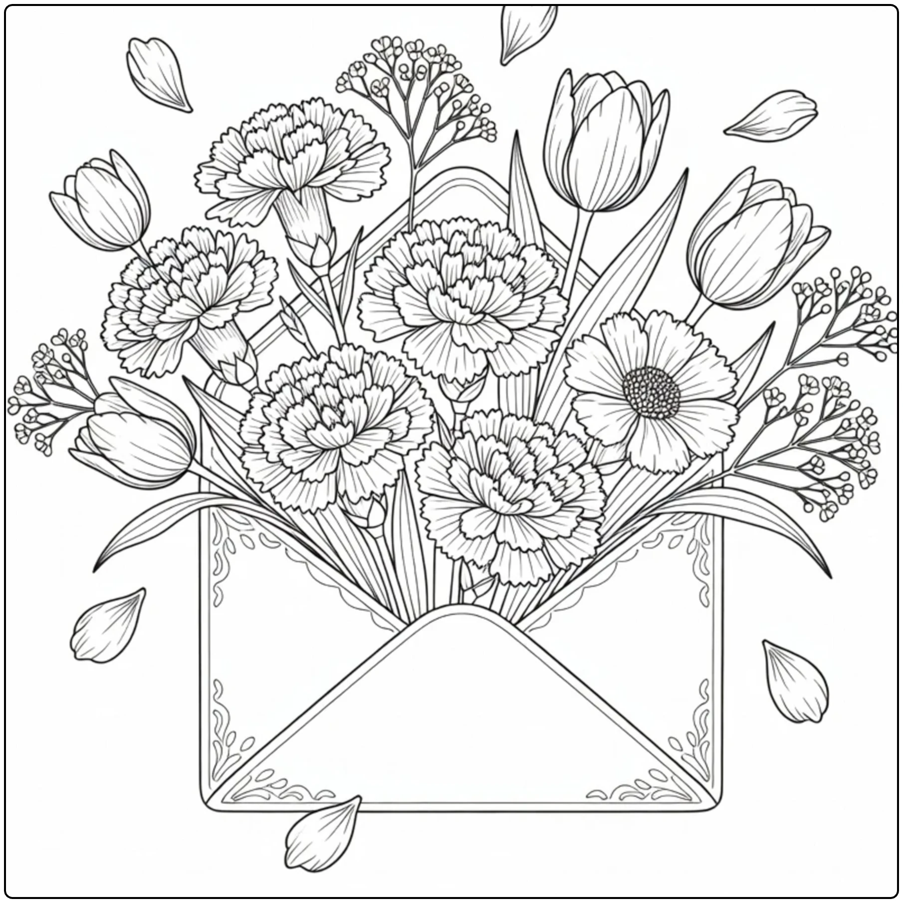 moederdag bloemen kleurplaat met envelop anjers tulpen