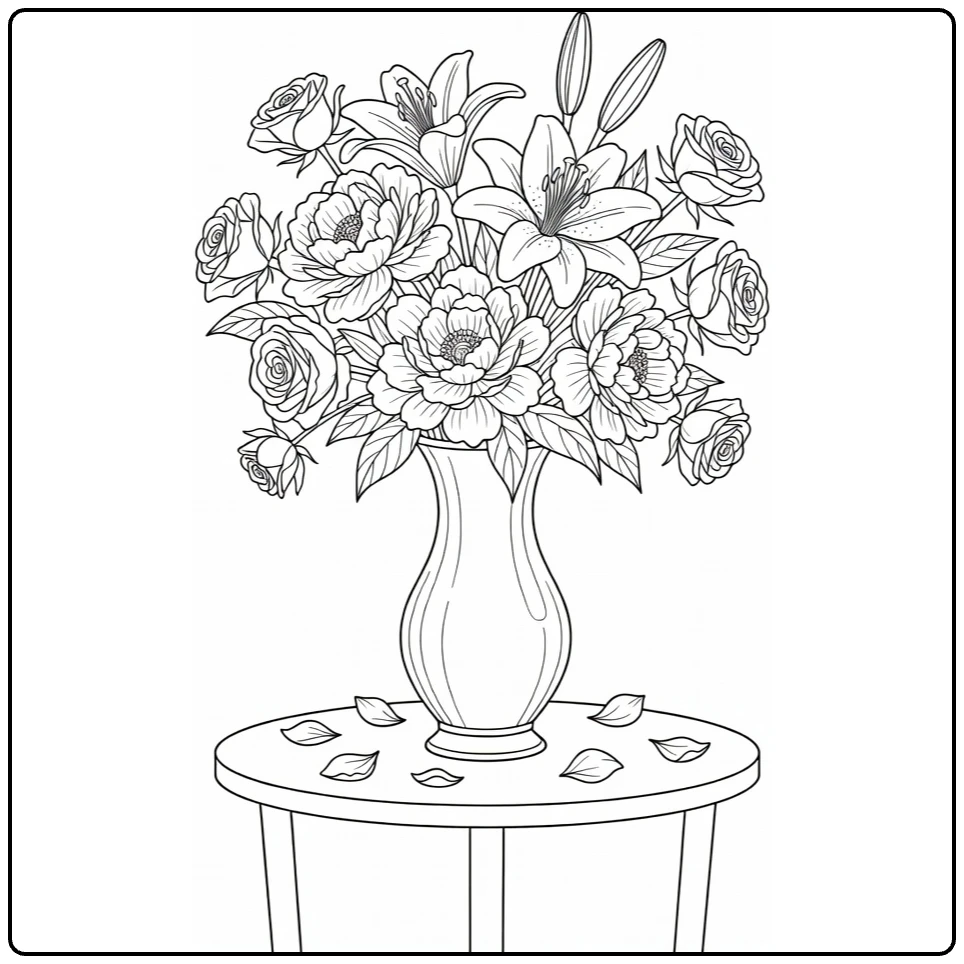 moederdag bloemen kleurplaat vaas met pioenen lelies rozen
