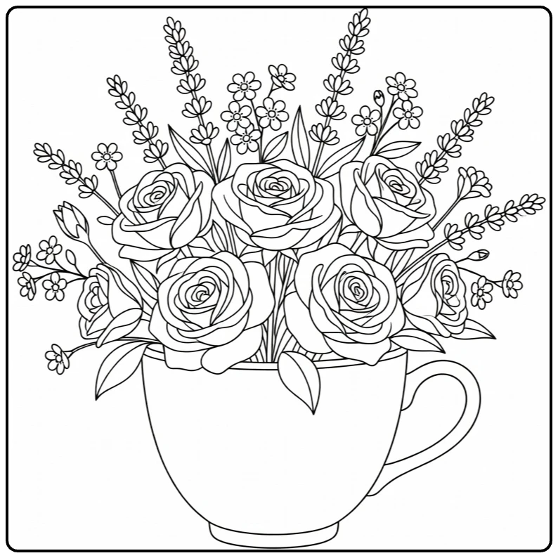 moederdag bloemen kleurplaat met theekop rozen